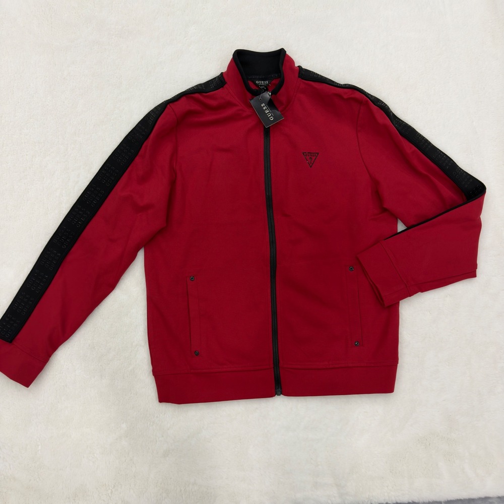 Guess Mens Track Jacket Red Black Logo Tape Side Stripe Full Zip Mock Neck L